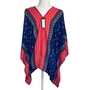 NEW Romeo + Juliet Couture Womens V-Neck Poncho Top Vibrant Orange/Navy Combo S